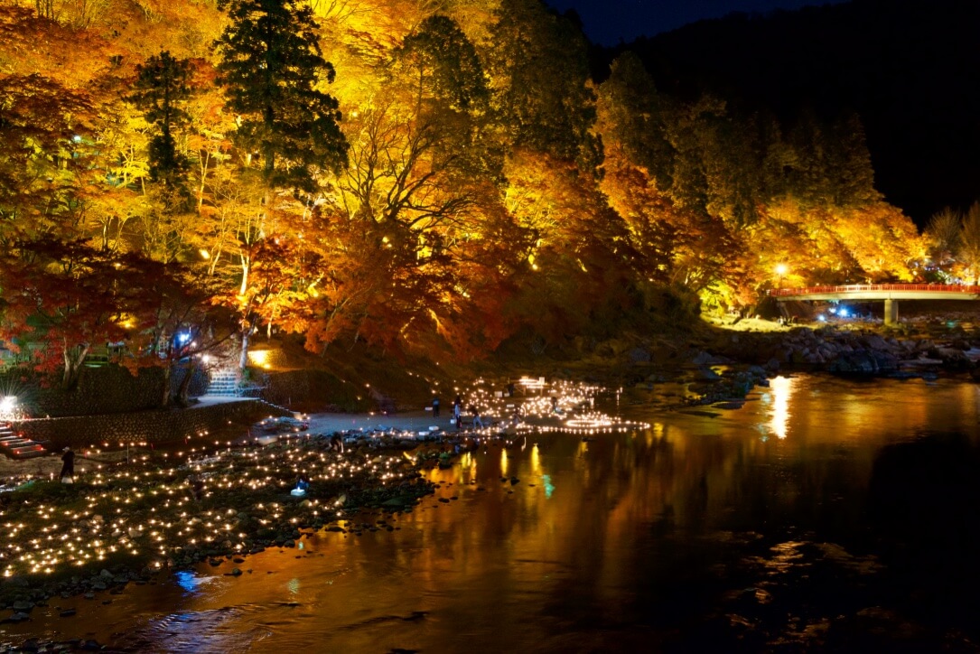 香嵐渓の紅葉のライトアップ